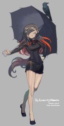 Rule 34 | 1girl, absurdres, alternate color, bird, blue eyes, commission, cosplay, crow, crow (gravity daze), crow (gravity daze) (cosplay), eye visible through hair, full body, gravity daze, grey hair, hair over one eye, hand on own hip, highres, holding, holding umbrella, looking at viewer, multicolored hair, parasoul (skullgirls), parasoul (skullgirls) (cosplay), raven, red hair, skirt, skullgirls, solo, standing, tanakalma, two-tone hair, umbrella
