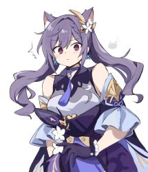 Rule 34 | 1girl, animal ear fluff, animal ears, breasts, cat ears, closed mouth, detached sleeves, dress, earrings, flower, freenote mr, genshin impact, gloves, hair between eyes, hair ornament, highres, jewelry, keqing (genshin impact), long hair, medium breasts, purple dress, purple eyes, purple gloves, purple hair, simple background, solo, sweat, tassel, twintails, white background, white flower