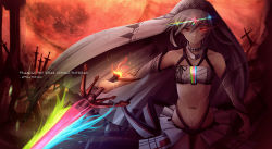 Rule 34 | 1girl, altera (fate), bare shoulders, battlefield, black nails, blueriest, blunt bangs, breasts, choker, closed mouth, collarbone, dark-skinned female, dark skin, detached sleeves, expressionless, fate/grand order, fate (series), fighting stance, fingernails, full-body tattoo, hair between eyes, headdress, highres, holding, holding sword, holding weapon, jewelry, looking at viewer, midriff, moon, nail polish, navel, outdoors, photon ray (fate), pubic tattoo, red eyes, red moon, red sky, revealing clothes, short hair, showgirl skirt, skirt, sky, small breasts, solo, stomach tattoo, sword, tan, tattoo, veil, weapon, white hair, white skirt