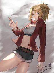 Rule 34 | 1girl, aito, blonde hair, braid, breasts, cigarette, commentary request, cowboy shot, fate/apocrypha, fate/grand order, fate (series), from below, from side, fur trim, green eyes, highres, holding, holding cigarette, jacket, jewelry, unworn jewelry, long hair, looking at viewer, medium breasts, mordred (fate), mordred (fate/apocrypha), mordred (memories at trifas) (fate), necklace, unworn necklace, ponytail, red jacket, short shorts, shorts, smile, solo, steam, teeth