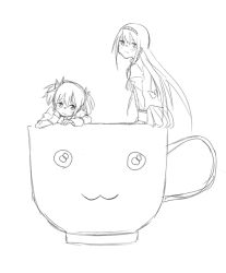 10s 2girls :3 akemi_homura bad_id bad_pixiv_id cup greyscale in_container in_cup kaname_madoka kyubey mahou_shoujo_madoka_magica mahou_shoujo_madoka_magica_(anime) monochrome multiple_girls sketch teacup watanabe_ignica