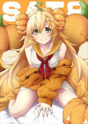 Rule 34 | 1girl, ahoge, bare shoulders, blonde hair, breasts, cardigan, character name, collarbone, commentary, dress, food-themed hair ornament, girls&#039; frontline, green eyes, hair between eyes, hair ornament, hairclip, halloween, highres, jack-o&#039;-lantern, long hair, looking at viewer, medium breasts, nakiusagi, off shoulder, official alternate costume, orange background, orange cardigan, pumpkin, pumpkin hair ornament, s.a.t.8 (girls&#039; frontline), s.a.t.8 (pumpkin skewers) (girls&#039; frontline), sailor collar, sitting, smile, solo, symbol-only commentary, very long hair, wariza, white dress