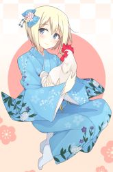 Rule 34 | 1girl, bad id, bad pixiv id, bird, blonde hair, blue eyes, bow, chicken, erica hartmann, floral print, full body, furisode, hair bow, hair ornament, japanese clothes, kanzashi, kimono, looking at viewer, mobu, no shoes, short hair, solo, strike witches, tabi, wide sleeves, world witches series