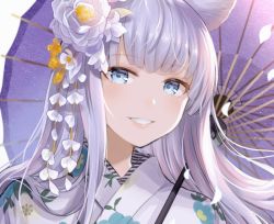 Rule 34 | 1girl, animal ears, blue eyes, blush, commentary request, erune, floral print, flower, granblue fantasy, hair flower, hair ornament, holding, holding umbrella, japanese clothes, kimono, korwa, long hair, looking at viewer, myusha, oil-paper umbrella, parted lips, petals, portrait, silver hair, smile, solo, umbrella