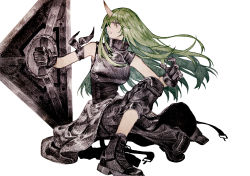 Rule 34 | 1girl, absurdres, arknights, arm ribbon, armor, bare arms, black footwear, black gloves, black pants, black ribbon, black shirt, boots, breastplate, clothes around waist, commentary, female focus, floating hair, full body, gloves, green hair, high collar, highres, holding, holding shield, horns, hoshiguma (arknights), jacket, jacket around waist, knee pads, lizeyan (cpj), long hair, looking away, looking to the side, pants, parted lips, ribbon, serious, shield, shirt, simple background, single horn, skin-covered horns, solo, squatting, teeth, white background