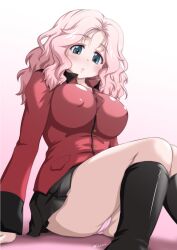 Rule 34 | 1girl, ass, blue eyes, blush, breasts, cameltoe, covered erect nipples, crotch, girls und panzer, highres, large breasts, long hair, military uniform, open mouth, panties, peach (girls und panzer), pink hair, pink panties, solo, st. gloriana&#039;s military uniform, underwear, uniform, yts takana