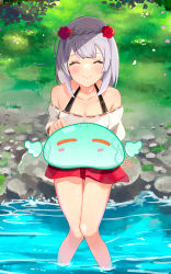 Rule 34 | 1girl, bare shoulders, blush, breasts, cleavage, collarbone, commentary request, closed eyes, flower, genshin impact, grass, grey hair, hair flower, hair ornament, highres, medium breasts, mxsoundtube, noelle (genshin impact), red flower, red rose, red skirt, rose, shirt, short hair, sitting, skirt, slime (genshin impact), smile, solo, water, white shirt