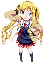 Rule 34 | &gt;:o, 1girl, :o, blonde hair, blue eyes, blush, character request, fang, gotyou, tucking hair, hand on own hip, highres, jacket, kneehighs, kodoku no naka no watashi, loafers, long hair, open clothes, open jacket, open mouth, pleated skirt, ruffling hair, school uniform, shoes, skirt, socks, solo, twintails, v-shaped eyebrows