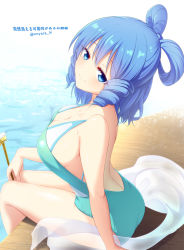 Rule 34 | 1girl, aqua one-piece swimsuit, artist name, ass, backless outfit, backless swimsuit, bad id, bad pixiv id, bare arms, bare back, bare shoulders, blue eyes, blue hair, blush, breasts, cleavage, commentary request, drill hair, drill sidelocks, feet out of frame, hair ornament, hair rings, hair stick, head tilt, holding, kaku seiga, large breasts, looking at viewer, nnyara, one-piece swimsuit, shawl, short hair, sidelocks, sitting, smile, solo, swimsuit, thighs, touhou, translation request, twitter username, water, white background