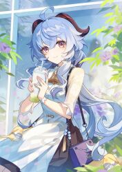 Rule 34 | 1girl, ahoge, autumnlll, bag, bell, bird on leg, black skirt, blue hair, closed mouth, commentary request, cowboy shot, cup, disposable cup, dress, drinking straw, floral print, flower, ganyu (genshin impact), ganyu (heytea) (genshin impact), genshin impact, goat horns, highres, holding, holding cup, horns, long hair, looking at viewer, neck bell, official alternate costume, purple bag, purple eyes, purple flower, shoulder bag, sitting, skirt, smile, solo, very long hair, white dress