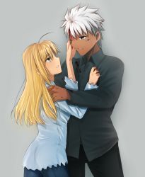 Rule 34 | 1boy, 1girl, ahoge, alternate costume, archer (fate), artoria pendragon (all), artoria pendragon (fate), blonde hair, blood, blood on face, casual, dark-skinned male, dark skin, fate/stay night, fate (series), green eyes, grey eyes, hair down, highres, long hair, aged up, saber (fate), tusia, white hair, wince