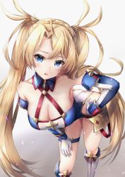 Rule 34 | 1girl, armor, ass, bare shoulders, blonde hair, blue eyes, blush, boots, bradamante (fate), bradamante (first ascension) (fate), braid, breasts, cleavage, crown braid, elbow gloves, fate/grand order, fate (series), french braid, gloves, gradient background, hair between eyes, hair ribbon, hand on own hip, hand on own thigh, hane yuki, highres, knee boots, leaning forward, leotard, light particles, long hair, looking at viewer, medium breasts, multicolored clothes, open mouth, parted bangs, ribbon, sidelocks, simple background, solo, thigh strap, thighs, twintails, very long hair
