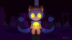 Rule 34 | 1other, animal ears, animal hat, blue hair, blue scarf, brown hat, brown tunic, cat ears, cat hat, colored sclera, hat, highres, light bulb, niko (oneshot), non-web source, oneshot (game), other focus, purple background, scarf, self-upload, solo, sunsun th1, yellow eyes, yellow sclera