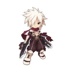 Rule 34 | 1boy, armor, armored boots, assassin cross (ragnarok online), black cape, black pants, black shirt, boots, cape, chibi, closed mouth, dagger, dual wielding, frown, full body, hair between eyes, hair over one eye, holding, holding dagger, holding knife, holding weapon, jamadhar, knife, long bangs, male focus, official art, pants, pauldrons, ragnarok online, red eyes, red scarf, scarf, shirt, short hair, shoulder armor, simple background, skull, solo, spiked hair, standing, tachi-e, torn cape, torn clothes, torn scarf, transparent background, v-shaped eyebrows, vambraces, waist cape, weapon, white hair, yuichirou