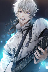 Rule 34 | 1boy, black nails, commission, ear piercing, earrings, electric guitar, grey hair, guitar, hair between eyes, highres, holding, holding instrument, instrument, jacket, jewelry, long hair, male focus, mouth hold, multicolored hair, open mouth, original, piercing, pixiv commission, plectrum, purple eyes, smile, teeth, two-tone hair, upper teeth only, white jacket, yoshicha