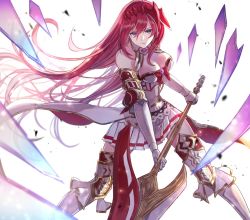 Rule 34 | 1girl, blue eyes, boots, breasts, claymore (sword), cleavage, detached sleeves, elbow gloves, expressionless, gauntlets, gloves, godsworn alexiel, granblue fantasy, long hair, peki gbf, red hair, shatter, skirt, sword, thigh boots, thighhighs, very long hair, weapon, white background