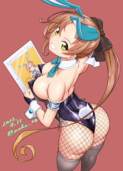 Rule 34 | 1girl, akigumo (kancolle), animal ears, ass, back, black leotard, bow, bowtie, breasts, brown hair, dated, detached collar, drawing tablet, fake animal ears, fake tail, fishnet legwear, fishnets, green eyes, hair ribbon, kantai collection, large breasts, left-handed, leotard, long hair, looking at viewer, looking back, moke ro, mole, mole under eye, playboy bunny, ponytail, rabbit ears, rabbit tail, red background, ribbon, side-tie leotard, smile, solo, strapless, strapless leotard, stylus, tail, twitter username, wrist cuffs