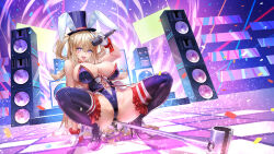 Rule 34 | 1girl, absurdres, animal ears, ass, azur lane, between buttocks, blonde hair, blue footwear, blue hat, blue leotard, boots, breasts, fake animal ears, full body, gloves, guam (azur lane), guam (stage-setting charmer) (azur lane), hat, high heel boots, high heels, highleg, highleg leotard, highres, holding, holding microphone, iitsumonemu, large breasts, leotard, long hair, looking at viewer, microphone, official alternate costume, playboy bunny, purple eyes, rabbit ears, sideboob, smile, solo, speaker, squatting, thigh boots, thighs, tongue, tongue out, top hat, white gloves