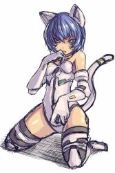 Rule 34 | 1girl, :p, adapted costume, animal ears, ayanami rei, bare shoulders, blue hair, boots, breasts, cat ears, cat tail, closed mouth, collar, elbow gloves, facing viewer, fake animal ears, fake tail, full body, gloves, hair between eyes, hand up, hip focus, kemonomimi mode, kneeling, legs apart, leotard, licking, licking finger, looking at viewer, neon genesis evangelion, pilot suit, plugsuit, red eyes, saltydanshark, shadow, short hair, simple background, sketch, small breasts, solo, tail, thigh boots, thighhighs, thighs, tongue, tongue out, white background, white footwear, white gloves, white leotard, white thighhighs