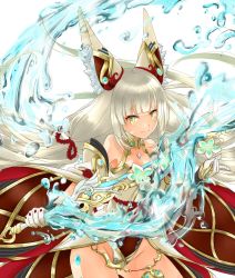 Rule 34 | 1girl, bare shoulders, blunt bangs, breasts, catalyst scimitar, cowboy shot, facial tattoo, gloves, groin, highres, holding, holding sword, holding weapon, leotard, liquid weapon, long hair, nia (blade) (xenoblade), nia (xenoblade), shiroxai, silver hair, simple background, small breasts, solo, spoilers, sword, tattoo, water, weapon, white background, xenoblade chronicles (series), xenoblade chronicles 2, yellow eyes