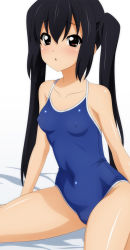 Rule 34 | 1girl, black hair, breasts, brown eyes, competition school swimsuit, covered erect nipples, k-on!, long hair, nakano azusa, one-piece swimsuit, school swimsuit, small breasts, solo, sugimura tomokazu, swimsuit, twintails