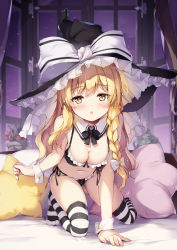 Rule 34 | 1girl, apron, arm support, bare arms, bare shoulders, black bow, black bowtie, black bra, black hat, black panties, black thighhighs, blonde hair, blush, bow, bowtie, bra, braid, breasts, cleavage, commentary request, curtains, frills, hair bow, hat, hat bow, indoors, kirisame marisa, kneeling, long hair, looking at viewer, medium breasts, miyase mahiro, navel, no shoes, open mouth, panties, pillow, side-tie panties, sidelocks, single braid, solo, star-shaped pillow, stomach, striped clothes, striped thighhighs, thighhighs, thighs, touhou, underwear, underwear only, white bow, white thighhighs, window, witch hat, wrist cuffs, yellow eyes