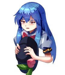 Rule 34 | 1girl, black hat, blue hair, bow, bowtie, collared shirt, commentary request, cropped torso, hat, hinanawi tenshi, leaf, long hair, open mouth, peach hat ornament, plus2sf, puffy short sleeves, puffy sleeves, red bow, red bowtie, red eyes, shirt, short sleeves, sidelocks, simple background, solo, touhou, unworn hat, unworn headwear, very long hair, white background, white shirt