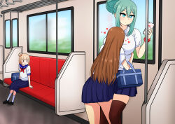 Rule 34 | 3girls, aqua eyes, aqua hair, asa midori, bag, between breasts, between legs, blush, breasts, brown hair, closed mouth, face between breasts, face to breasts, hair bun, head between breasts, heart, highres, huge breasts, long hair, looking at phone, multiple girls, original, phone, rezu (the only shoe), school bag, school uniform, shoe (the only shoe), short hair, skirt, standing, the only shoe, thighhighs, train, yuri