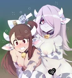 Rule 34 | 2girls, absurdres, animal ears, animal print, beaker, bell, black choker, blush, breasts, brown hair, censored, choker, clenched teeth, closed mouth, collarbone, commentary, cow ears, cow horns, cow print, cowbell, elbow gloves, gloves, gradient background, hair over one eye, heart, heart-shaped pupils, highres, holding, holding test tube, horns, kagari atsuko, lactation, little witch academia, long hair, looking at viewer, medium breasts, multiple girls, navel, neck bell, nipples, paid reward available, pale skin, parted bangs, pink hair, potion, print gloves, print legwear, red eyes, saliva, slugbox, sucy manbavaran, sweat, symbol-shaped pupils, teeth, test tube, thighhighs, thighs, white gloves