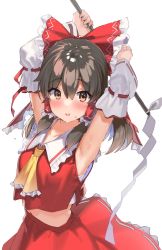 Rule 34 | 1girl, armpit focus, armpits, arms up, blush, bow, breasts, brown eyes, brown hair, detached sleeves, dot nose, embarrassed, frilled bow, frilled shirt collar, frills, gohei, hair between eyes, hair bow, hair tubes, hakurei reimu, highres, japanese clothes, kanzarin, large bow, long sleeves, looking at viewer, medium hair, midriff, miko, nontraditional miko, parted lips, red bow, red shirt, red skirt, ribbon, ribbon-trimmed collar, ribbon-trimmed sleeves, ribbon trim, shirt, sidelocks, simple background, skirt, skirt set, sleeveless, sleeveless shirt, small breasts, solo, sweat, touhou, white background, wide sleeves, yellow neckwear, yellow ribbon