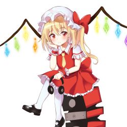 Rule 34 | 1girl, absurdres, black footwear, blonde hair, blush, bow, commentary, dress, english commentary, flandre scarlet, hand on own cheek, hand on own face, hat, hat bow, headphones, highres, holding, holding headphones, looking at viewer, necktie, pantyhose, red bow, red dress, red eyes, satori (kxdm8872), shoes, simple background, sitting, smile, solo, speaker, touhou, white background, white pantyhose, wings, wrist cuffs, yellow necktie