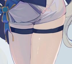 Rule 34 | 1girl, close-up, cropped, furina (genshin impact), genshin impact, head out of frame, lower body, shiny skin, short shorts, shorts, solo, standing, thigh strap, thighs, usaki moon, white hair, white shorts