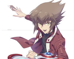 Rule 34 | 1boy, brown eyes, brown hair, card, character name, deck, deck of cards, duel disk, fingernails, grey background, holding, holding card, jacket, male focus, open clothes, open jacket, open mouth, red jacket, simple background, smile, solo, talgi, teeth, tongue, yu-gi-oh!, yu-gi-oh! gx, yuki judai