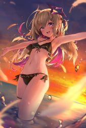 Rule 34 | 1girl, absurdres, amane kanata, angel, angel wings, armpits, bare arms, bikini, black bikini, breasts, dutch angle, falling feathers, feather hair ornament, feathers, frilled bikini, frills, grey hair, hair ornament, hairclip, halo, halterneck, highres, hololive, long hair, looking at viewer, multicolored hair, navel, open mouth, outdoors, pink hair, purple eyes, rei (9086), side-tie bikini bottom, sidelocks, sky, small breasts, smile, solo, stomach, swimsuit, thighlet, thighs, virtual youtuber, wading, water, water drop, wings