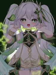 Rule 34 | 1girl, absurdres, alternate hairstyle, blush, bracelet, commentary, cowboy shot, cross-shaped pupils, detached sleeves, dress, eyelashes, genshin impact, gold trim, green background, green eyes, green hair, green sleeves, grey hair, hair between eyes, hair ornament, hands up, highres, jewelry, leaf hair ornament, long hair, looking at viewer, multicolored hair, nahida (genshin impact), open mouth, pointy ears, print dress, shukusei!! loli-gami requiem, sidelocks, smile, solo, string, symbol-shaped pupils, twintails, two-tone hair, white dress, yuu (yuu1601)