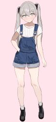 Rule 34 | 1girl, absurdres, black footwear, blue overalls, boots, closed mouth, collarbone, cross-laced footwear, dot mouth, full body, grey eyes, grey hair, hair between eyes, hand in pocket, highres, lace-up boots, long hair, looking at viewer, monogatari (series), oikura sodachi, overalls, pants, pants rolled up, pink background, ribbed shirt, shirt, short sleeves, simple background, sketch, socks, solo, standing, straight-on, twintails, white socks, yoshikirino