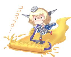Rule 34 | 1girl, blonde hair, blush, braid, capelet, chibi, colorado (kancolle), garrison cap, hat, headgear, highres, kantai collection, nintendo, no mouth, paint roller, red footwear, riretsuto, short hair, simple background, skirt, solid eyes, solo, splatoon (series), white background