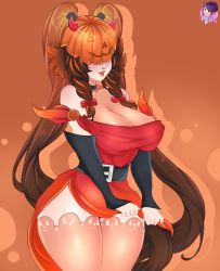 Rule 34 | 1girl, alternate costume, artist name, bare shoulders, belt, breasts, brown hair, cleavage, clothes lift, curvy, dress, dress lift, highres, horns, huge breasts, law-zilla, lisptick, long hair, multicolored hair, nox (smite), orange background, orange hair, parted lips, pumpkin, red dress, red ribbon, ribbon, smite, solo, thick thighs, thighhighs, thighs, wide hips