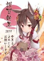 Rule 34 | 1girl, 2019, animal ear fluff, animal ears, boar, braid, brown eyes, brown hair, closed mouth, commentary request, detached sleeves, floral print, flower, folded ponytail, fox ears, fur-trimmed sleeves, fur trim, hair flower, hair ornament, hair rings, hair tubes, japanese clothes, kimono, long sleeves, new year, original, pink kimono, single braid, smile, solo, tobi (nekomata homara), translation request, upper body