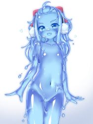Rule 34 | 1girl, blue eyes, blue hair, bungo taiga, curss, earmuffs, flat chest, highres, indie virtual youtuber, long hair, looking at viewer, monster girl, no nipples, no pussy, nude, slime girl, smile, solo, virtual youtuber