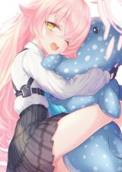 Rule 34 | 1girl, absurdres, ahoge, black gloves, blue archive, blue necktie, blush, chest harness, collared shirt, fang, fingerless gloves, gloves, grey skirt, halo, harness, highres, hoshino (blue archive), long hair, long sleeves, looking at viewer, necktie, hugging object, one eye closed, open mouth, orange eyes, pink hair, plaid, plaid skirt, shirousagi (sirousagi1998), shirt, simple background, skirt, solo, stuffed whale, thighs, twitter username, uniform, white background, white shirt