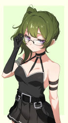 Rule 34 | 1girl, absurdres, adjusting eyewear, bare shoulders, belt, black-framed eyewear, black belt, black dress, black gloves, breasts, cleavage, closed mouth, dress, elbow gloves, glasses, gloves, green background, grey hair, hand up, highres, looking at viewer, medium breasts, medium hair, mo (mo80 rr), purple eyes, side ponytail, simple background, single glove, solo, sousou no frieren, two-tone background, ubel (sousou no frieren), yellow background