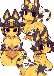 Rule 34 | 1girl, :&lt;, alternate costume, animal crossing, animal ears, animal print, ankha (animal crossing), ass, bikini, black eyes, black hair, blonde hair, blunt bangs, blush, breasts, breasts squeezed together, cat ears, cat girl, cat tail, closed mouth, commentary request, cow print, egyptian, fukurou (owl222), furry, furry female, halterneck, highres, horns, large breasts, looking at viewer, multicolored hair, multiple views, nintendo, short hair, side-tie bikini bottom, simple background, string bikini, sweat, swimsuit, tail, white background