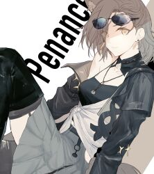 Rule 34 | 1girl, animal ears, arknights, black footwear, black jacket, boots, breasts, camisole, character name, commentary request, eyewear on head, feixiangdeqie, grey eyes, grey hair, grey skirt, highres, jacket, knee up, looking at viewer, medium breasts, miniskirt, off shoulder, official alternate costume, penance (arknights), short hair, simple background, single bare shoulder, skirt, solo, spaghetti strap, sunglasses, thigh boots, white background, wolf ears