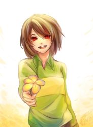 Rule 34 | :d, androgynous, brown hair, chara (undertale), collared shirt, dated, eyelashes, flower, gender request, highres, holding, holding flower, open mouth, panther fam., red eyes, shirt, signature, smile, solo, spoilers, striped clothes, striped shirt, undertale, upper body