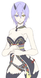 Rule 34 | 1girl, alternate costume, bare shoulders, black thighhighs, blue hair, collarbone, commentary request, contrapposto, cowboy shot, demon horns, hair between eyes, heterochromia, horns, io (pso2), jewelry, looking at viewer, navel, necklace, own hands together, phantasy star, phantasy star online 2, short hair, side-tie costume, solo, standing, strapless, thighhighs, white background