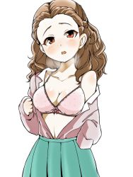 Rule 34 | 1girl, blush, bow, bow bra, bra, breasts, breath, brown hair, cleavage, clothes pull, collared shirt, commentary, curly hair, green skirt, grey shirt, hair pulled back, head tilt, idolmaster, idolmaster cinderella girls, lace, lace-trimmed bra, lace trim, long hair, long sleeves, looking at viewer, medium breasts, navel, open clothes, open mouth, open shirt, petsuo (penpen), pink bra, pleated skirt, polka dot, polka dot bra, red eyes, seki hiromi, shirt, shirt pull, simple background, skirt, solo, standing, underwear, white background