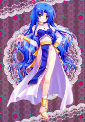Rule 34 | 1girl, anklet, blue hair, braid, choker, floral background, flower, full body, green eyes, half updo, halterneck, hand on own hip, jewelry, long hair, lots of jewelry, madou monogatari, minatosaiga, nail polish, purple background, puyopuyo, red flower, red rose, rose, rulue (puyopuyo), rulue (puyopuyo), sandals, smile, solo, wrist cuffs