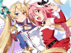 Rule 34 | 1boy, 1girl, astolfo (fate), bell, belt, belt buckle, black bow, black ribbon, blonde hair, blue eyes, blush, bow, bradamante (fate), bradamante (second ascension) (fate), braid, breasts, buckle, christmas, cleavage, collar, elbow gloves, fang, fate/grand order, fate (series), french braid, gloves, hair intakes, hair ribbon, hakka (88hk88), highres, lance, long braid, long hair, looking at viewer, multicolored hair, neck bell, open mouth, pink hair, polearm, purple eyes, red sailor collar, ribbon, sailor collar, santa costume, single braid, skin fang, smile, streaked hair, trap, twintails, very long hair, weapon