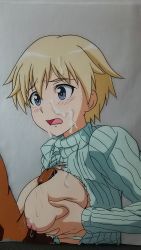 Rule 34 | 10s, 1boy, 1girl, blonde hair, blue eyes, blush, brave witches, breasts, breasts out, cum, cum on body, cum on breasts, cum on upper body, facial, hasamimushi, hetero, highres, large breasts, nikka edvardine katajainen, nipples, open mouth, paizuri, penis, simple background, strike witches, sweater, tears, torn clothes, torn sweater, uncensored, white background, world witches series
